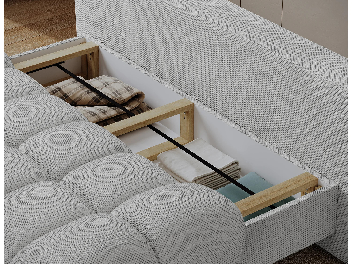 Canapé convertible 2 places NIVIO avec coffre et pieds en bois noir – 210cm-Gris clair