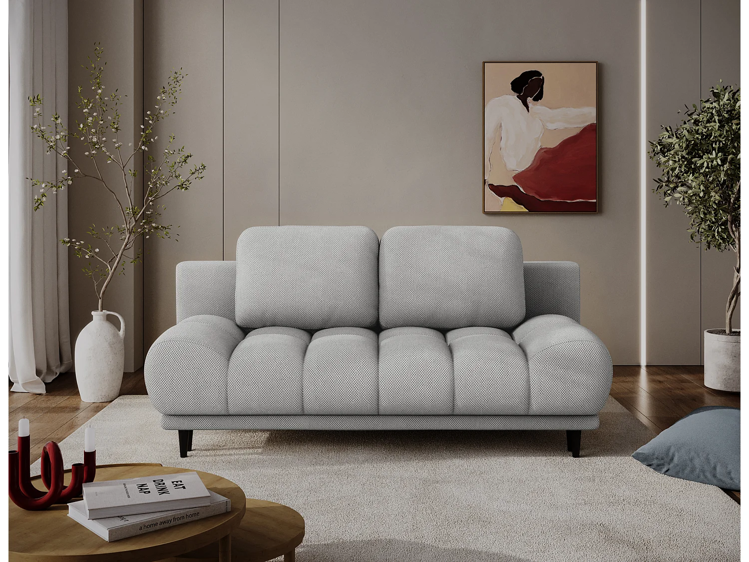 Canapé convertible 2 places NIVIO avec coffre et pieds en bois noir – 210cm-Gris clair