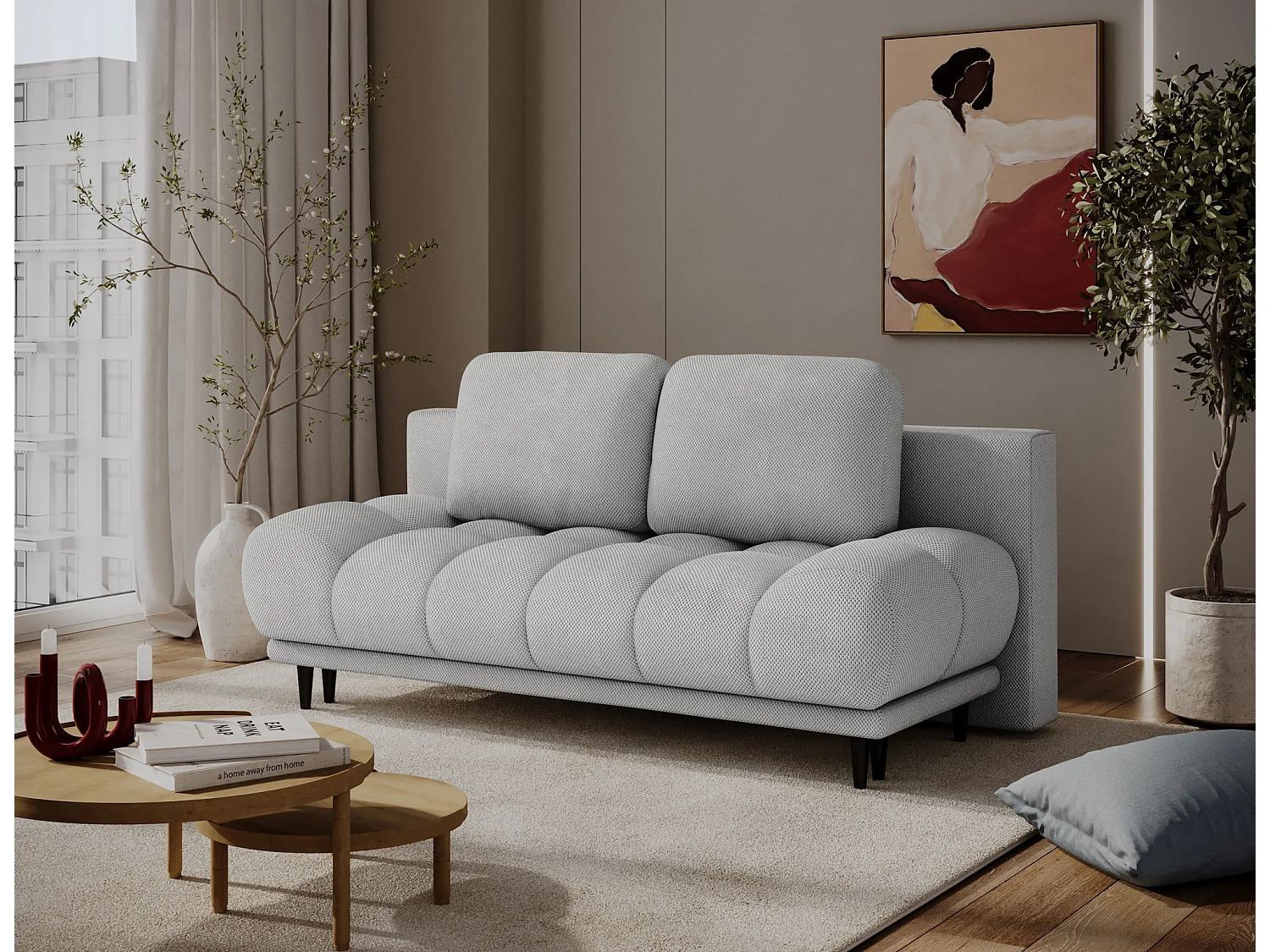 Canapé convertible 2 places NIVIO avec coffre et pieds en bois noir – 210cm-Gris clair