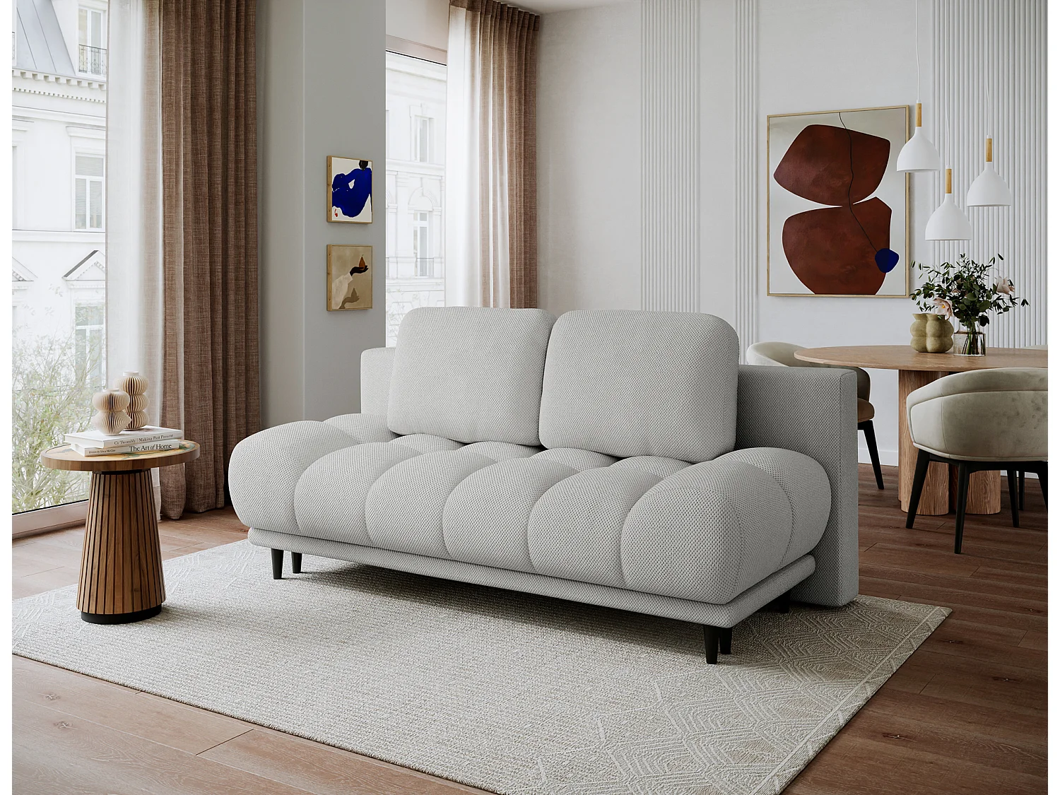 Canapé convertible 2 places NIVIO avec coffre et pieds en bois noir – 210cm-Gris clair