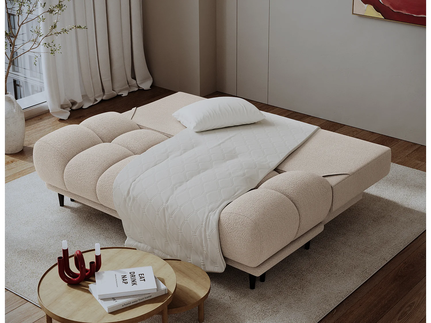 Canapé convertible 2 places NIVIO avec coffre et pieds en bois noir – 210cm-Taupe