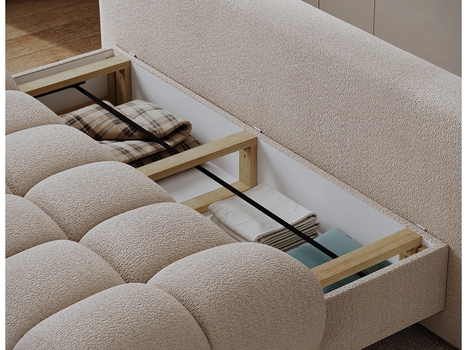 Canapé convertible 2 places NIVIO avec coffre et pieds en bois noir – 210cm-Taupe