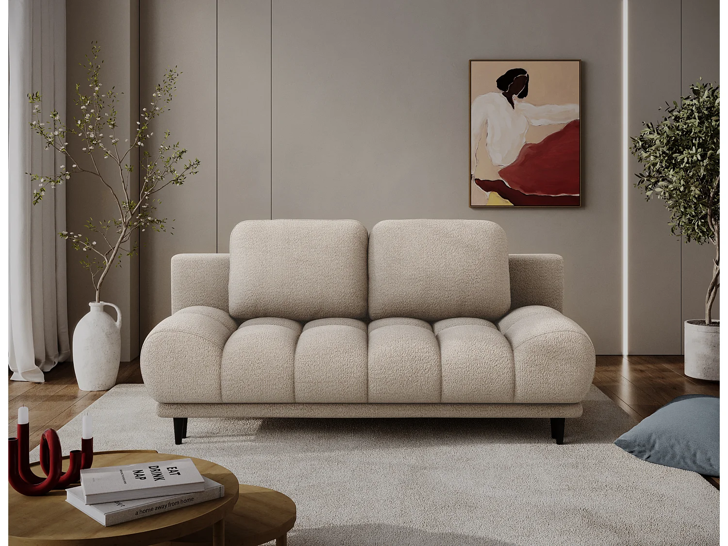 Canapé convertible 2 places NIVIO avec coffre et pieds en bois noir – 210cm-Taupe