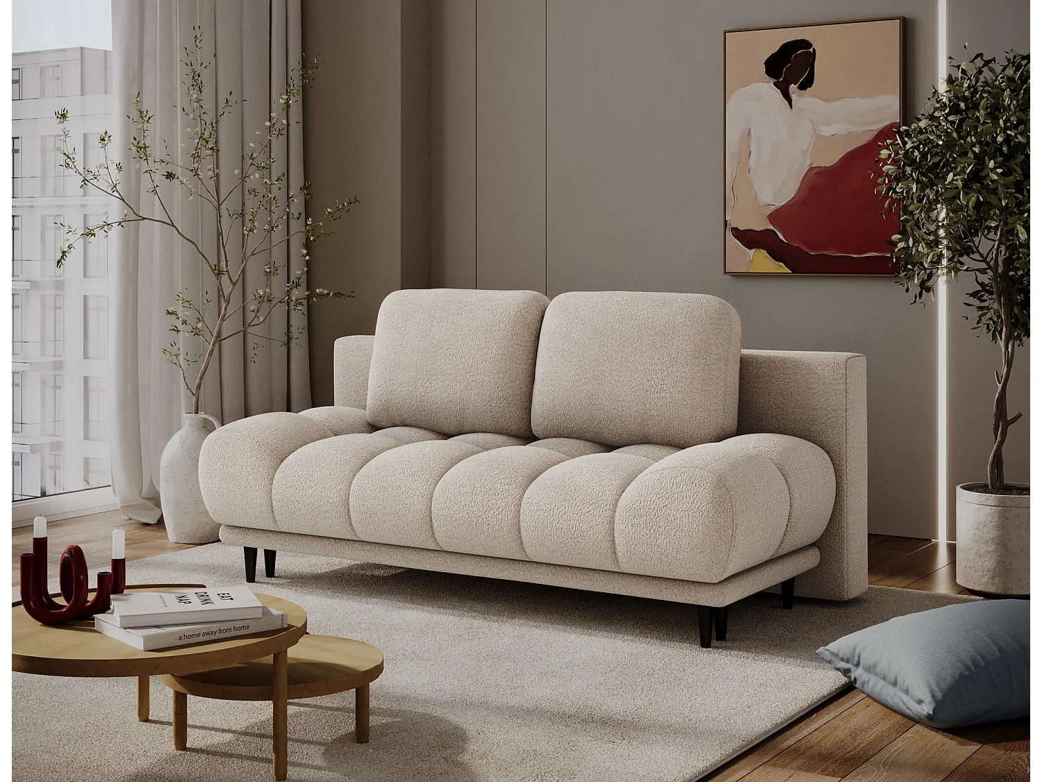 Canapé convertible 2 places NIVIO avec coffre et pieds en bois noir – 210cm-Taupe