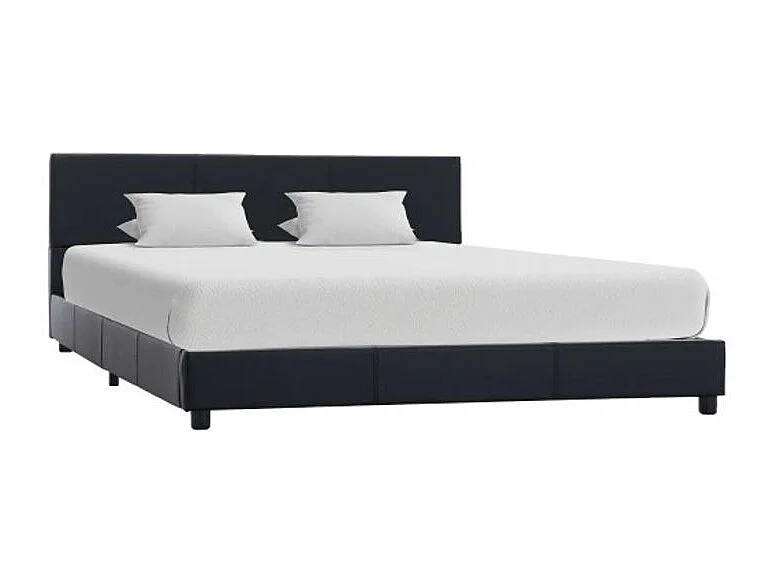Lit adulte simili cuir noir et pieds bois massif noir Nyam 140x200