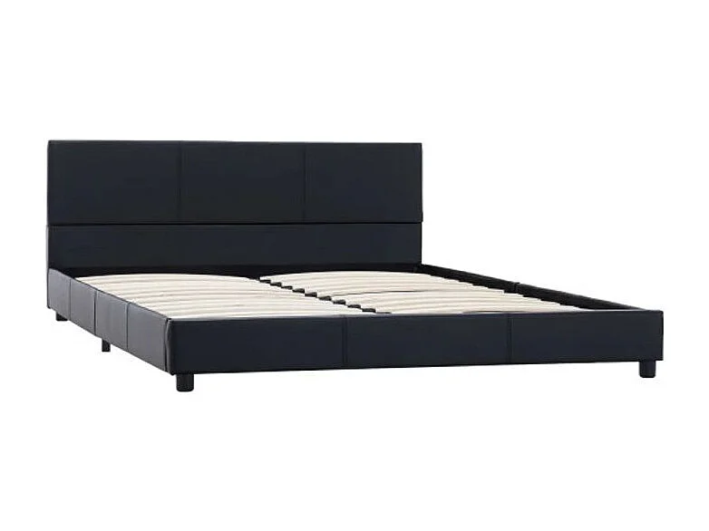 Lit adulte simili cuir noir et pieds bois massif noir Nyam 140x200
