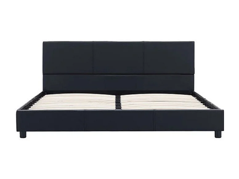 Lit adulte simili cuir noir et pieds bois massif noir Nyam 140x200