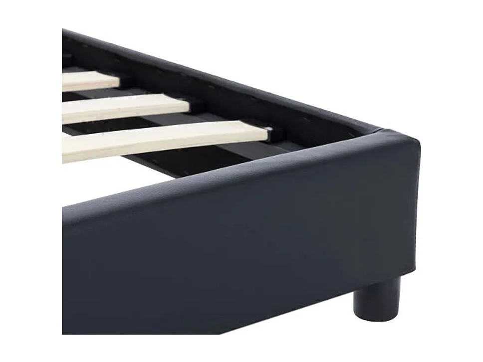Lit adulte simili cuir noir et pieds bois massif noir Nyam 140x200