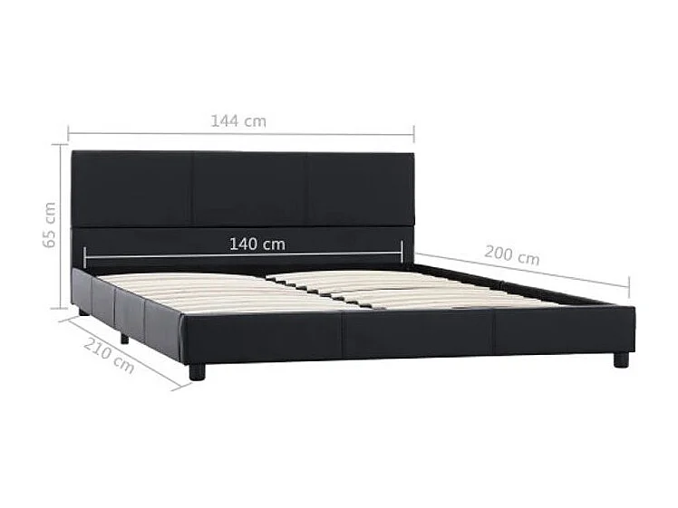 Lit adulte simili cuir noir et pieds bois massif noir Nyam 140x200
