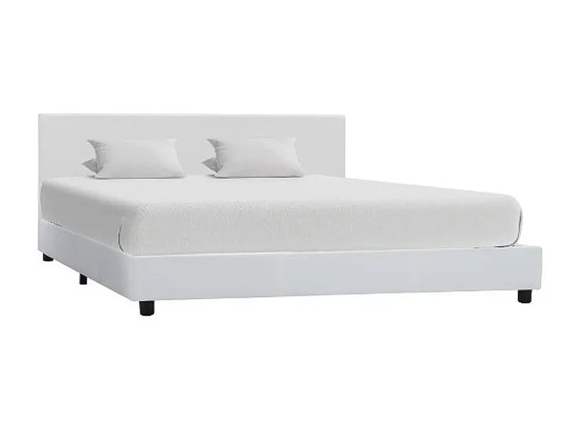 Lit adulte simili cuir blanc et pieds bois massif noir Nyam 180x200