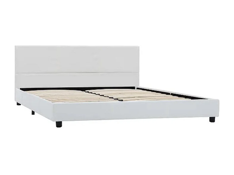 Lit adulte simili cuir blanc et pieds bois massif noir Nyam 180x200