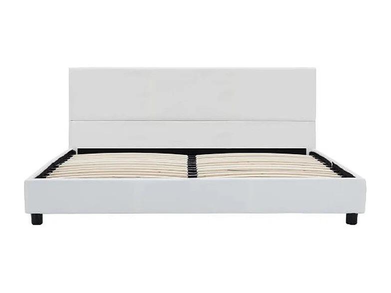 Lit adulte simili cuir blanc et pieds bois massif noir Nyam 180x200