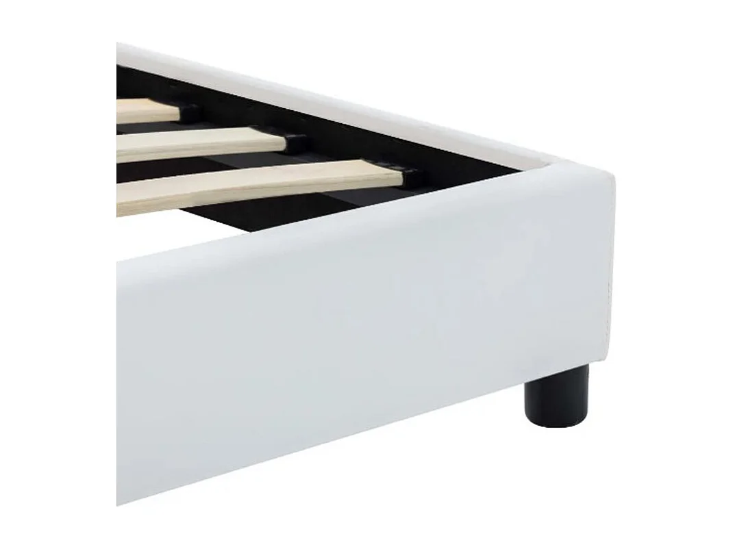Lit adulte simili cuir blanc et pieds bois massif noir Nyam 180x200