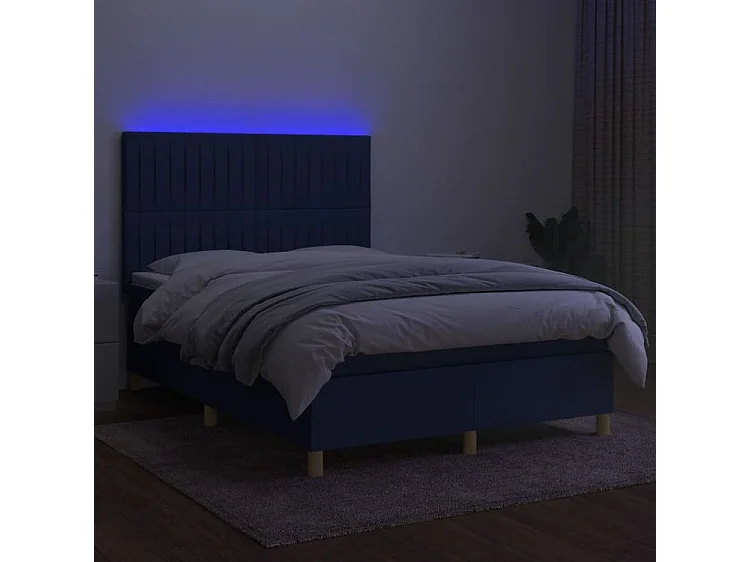 Sommier à lattes de lit et matelas et LED Bleu 140x190 Tissu