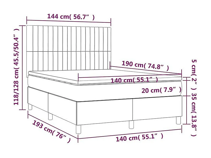 Sommier à lattes de lit et matelas et LED Bleu 140x190 Tissu