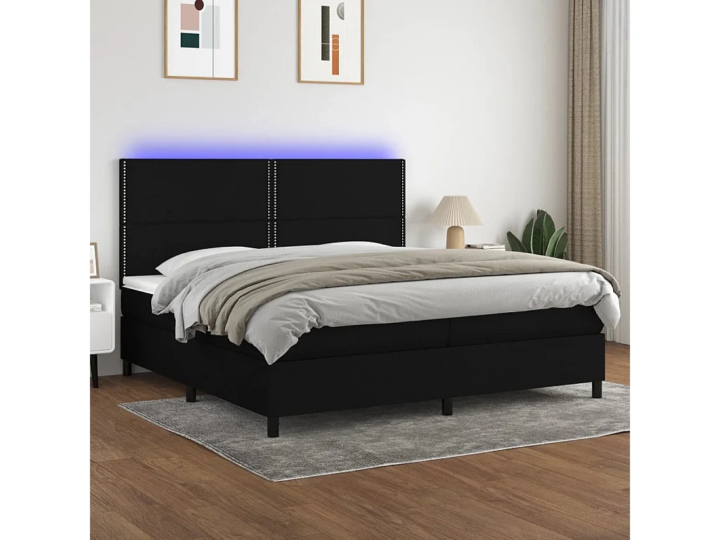 Lit à sommier tapissier et matelas et LED Noir 200x200 Tissu