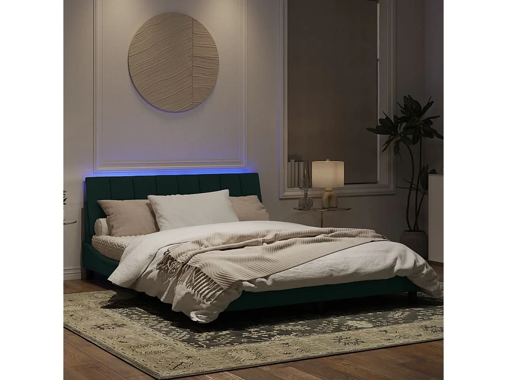 Cadre de lit avec lumières LED vert foncé 160x200 velours