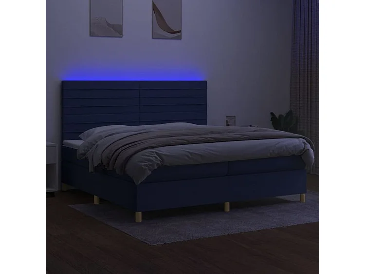 Sommier à lattes de lit et matelas et LED Bleu 200x200 Tissu