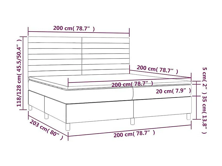 Sommier à lattes de lit et matelas et LED Bleu 200x200 Tissu