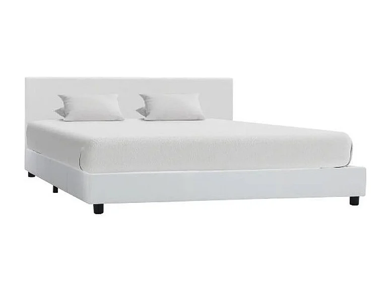 Lit adulte simili cuir blanc et pieds bois massif noir Nyam 160x200