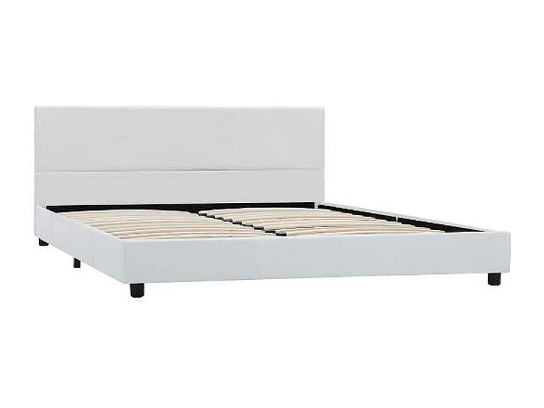 Lit adulte simili cuir blanc et pieds bois massif noir Nyam 160x200