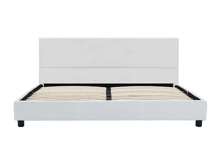 Lit adulte simili cuir blanc et pieds bois massif noir Nyam 160x200