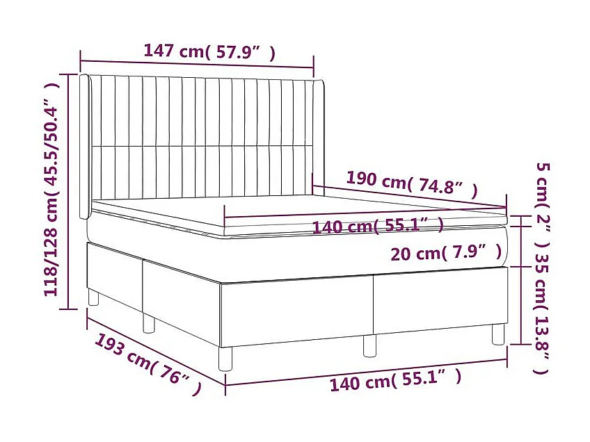 Sommier à lattes de lit matelas et LED Bleu 140x190 Tissu