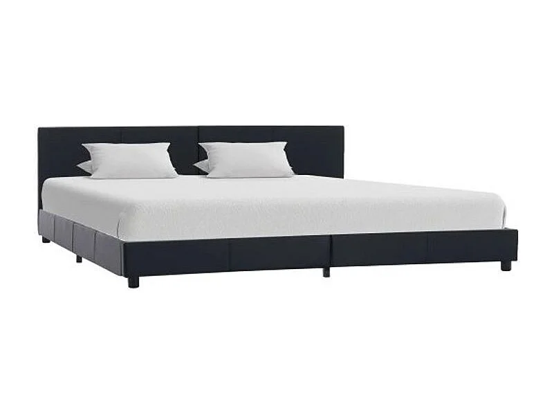 Lit adulte simili cuir noir et pieds bois massif noir Nyam 180x200