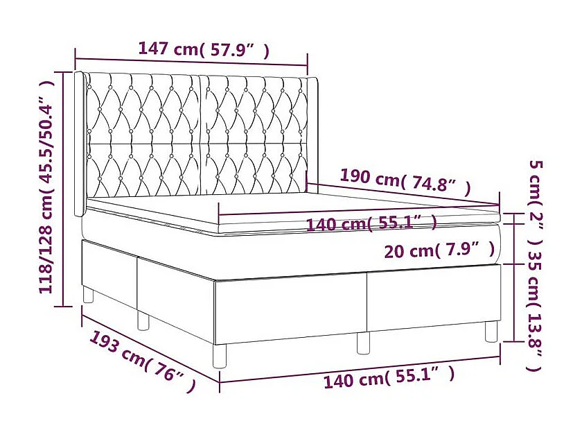 Sommier à lattes de lit matelas et LED Gris clair 140x190