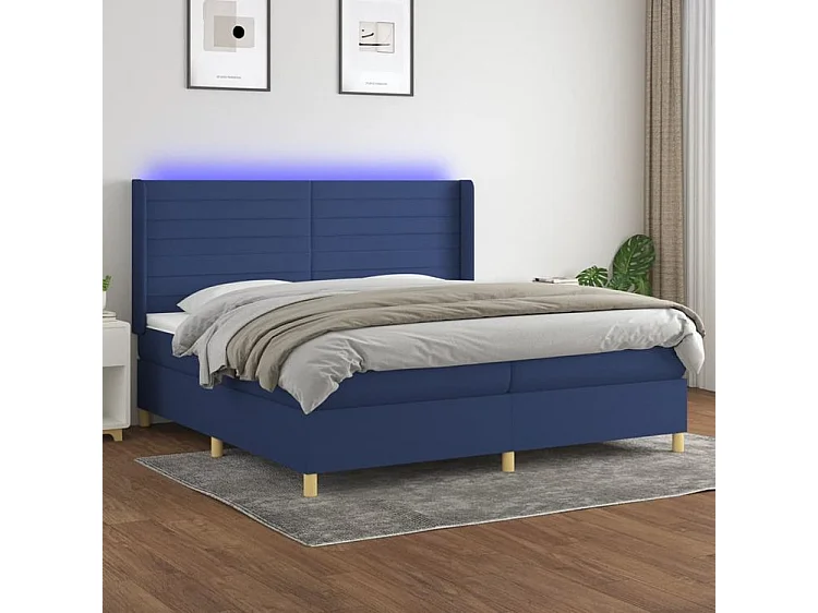 Sommier à lattes de lit et matelas et LED Bleu 200x200 Tissu
