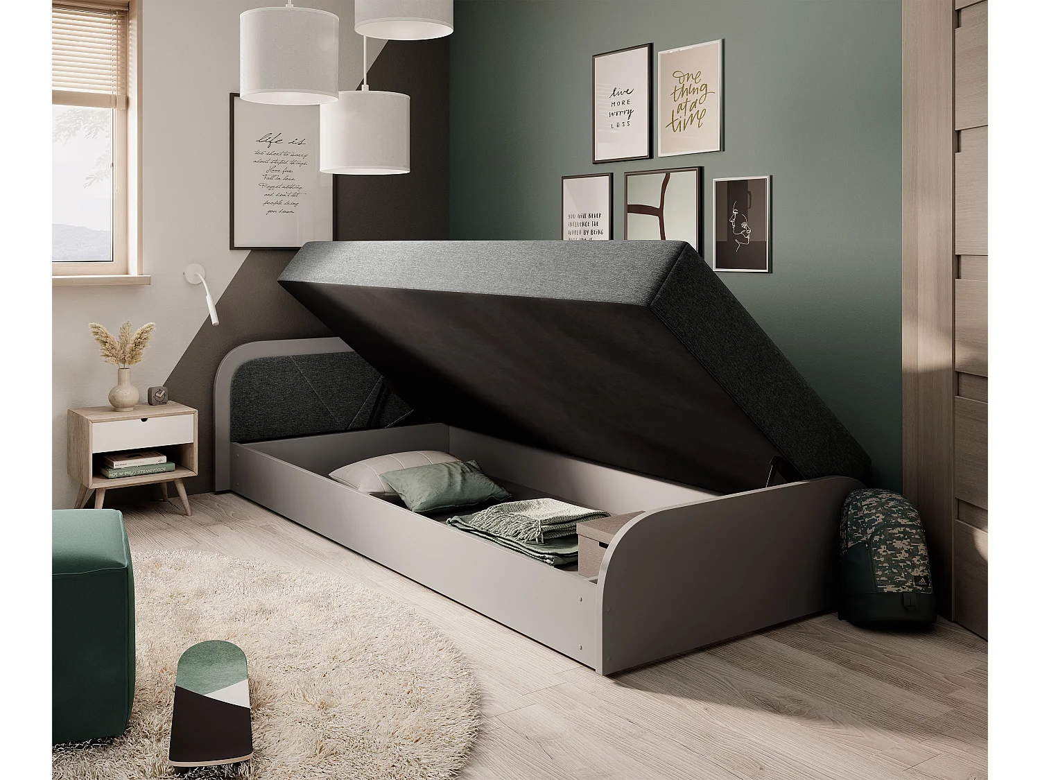 Lit 1 place avec coffre de rangement Parko – Confort et Praticité-Gris/Gris chiné-Modéle Coté droit