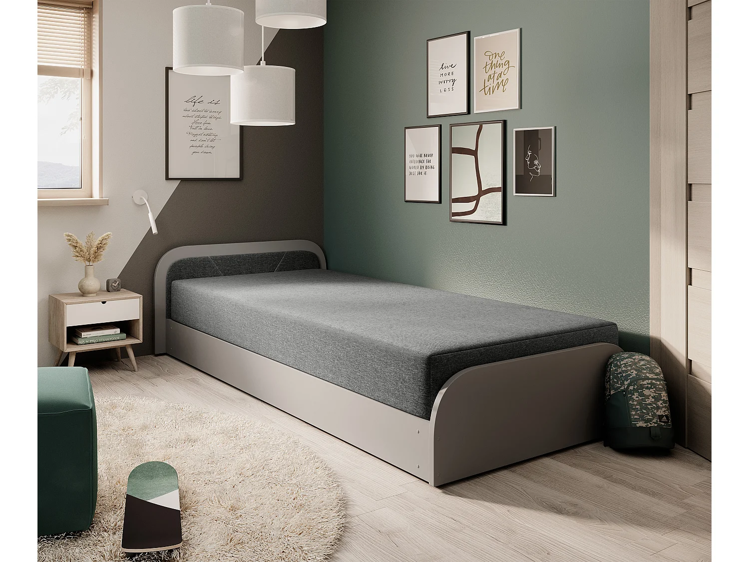Lit 1 place avec coffre de rangement Parko – Confort et Praticité-Gris/Gris chiné-Modéle Coté droit