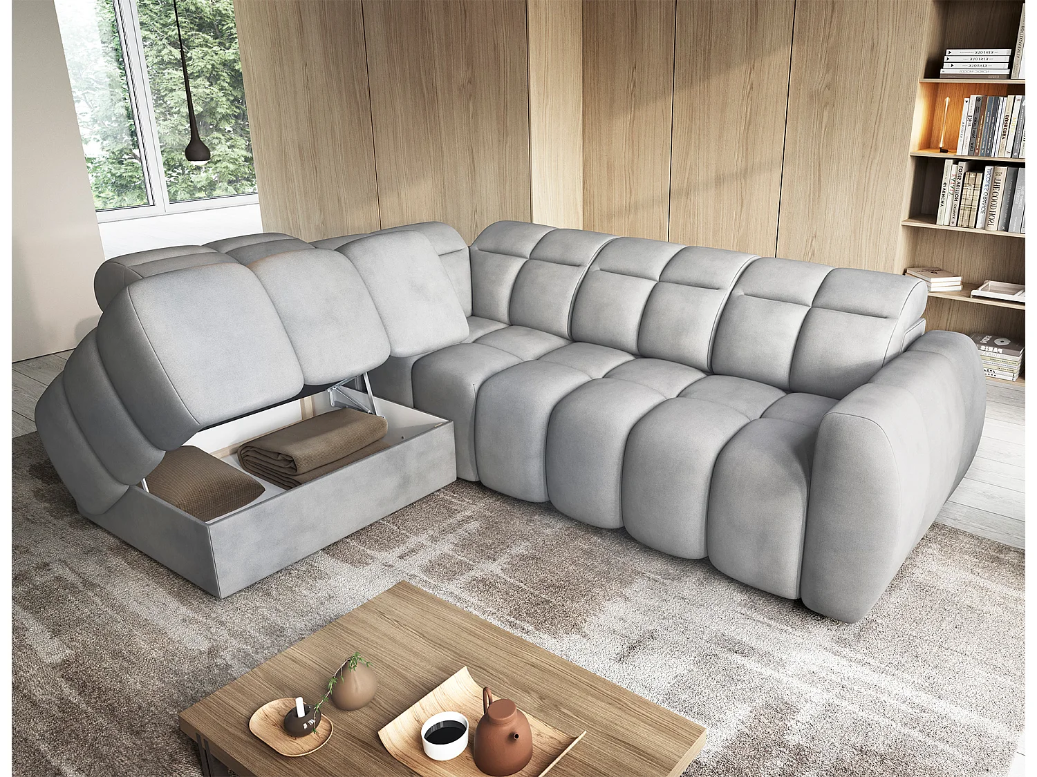 Canapé d’angle convertible 4 places tissu BOBOON 258cm – Coffre de rangement-Gris-angle gauche