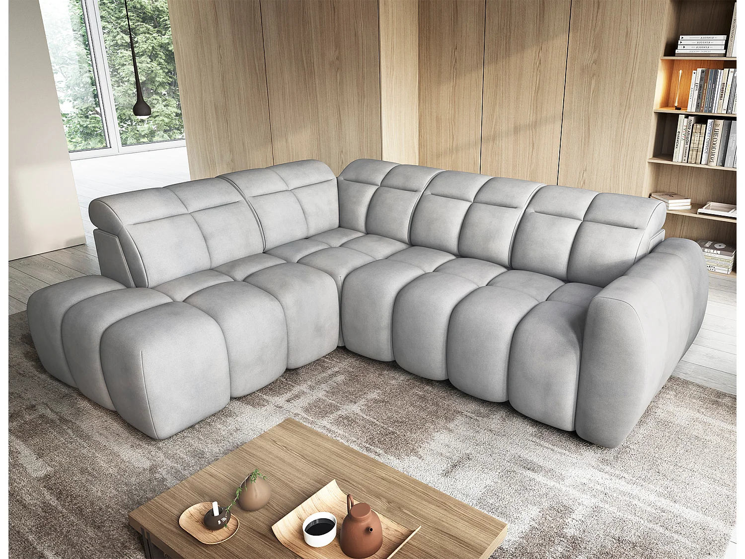 Canapé d’angle convertible 4 places tissu BOBOON 258cm – Coffre de rangement-Gris-angle gauche