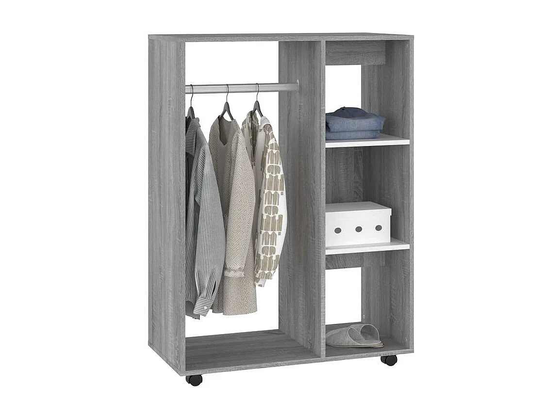 Petite armoire dressing sur roulette 1 penderie 3 étagère 80cm - Collection Event-Chêne gris