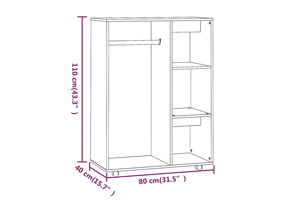 Petite armoire dressing sur roulette 1 penderie 3 étagère 80cm - Collection Event-Chêne gris