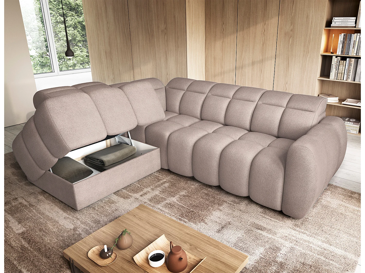 Canapé d’angle convertible 4 places tissu BOBOON 258cm – Coffre de rangement-Marron clair-angle gauche