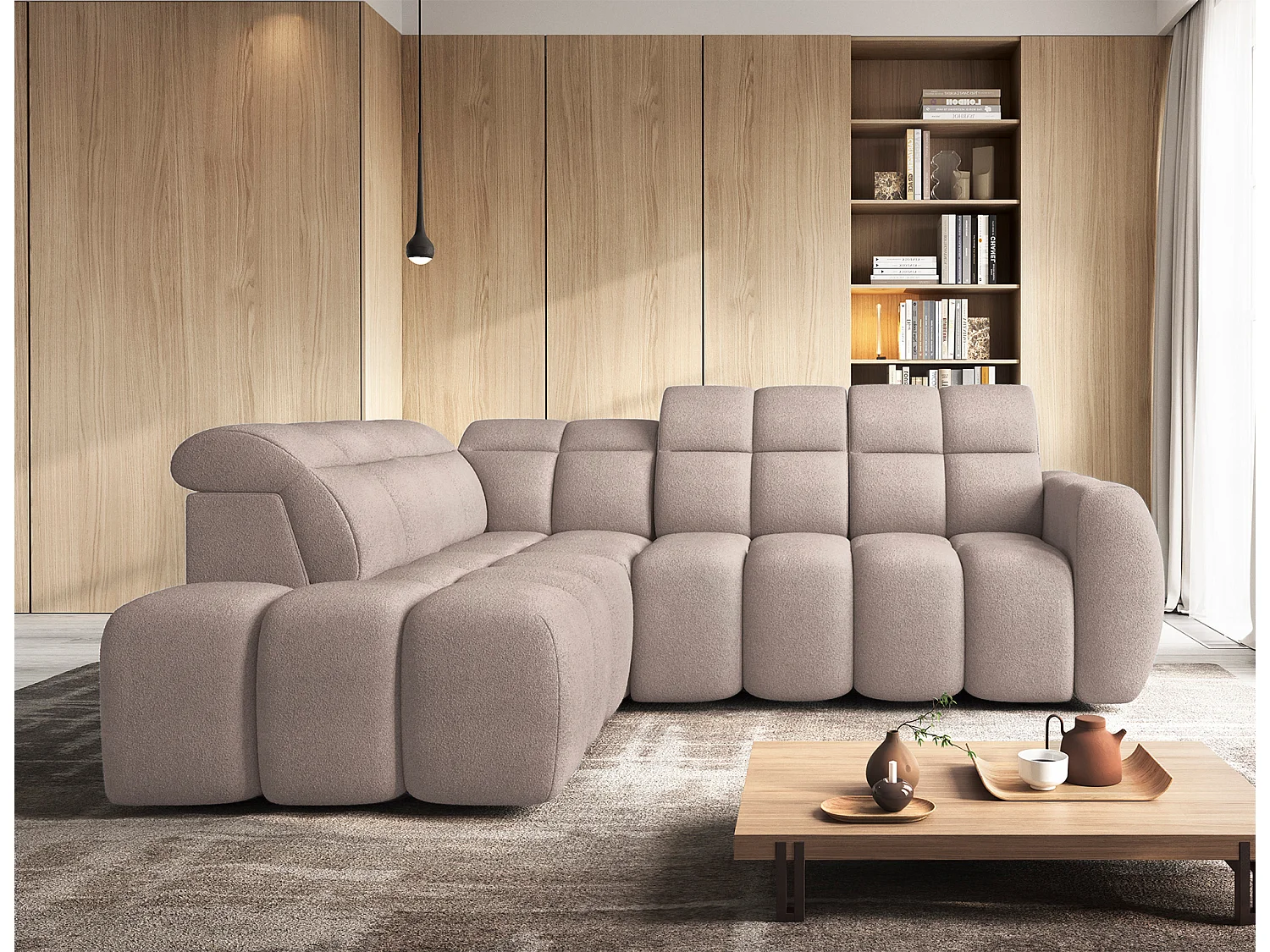 Canapé d’angle convertible 4 places tissu BOBOON 258cm – Coffre de rangement-Marron clair-angle gauche