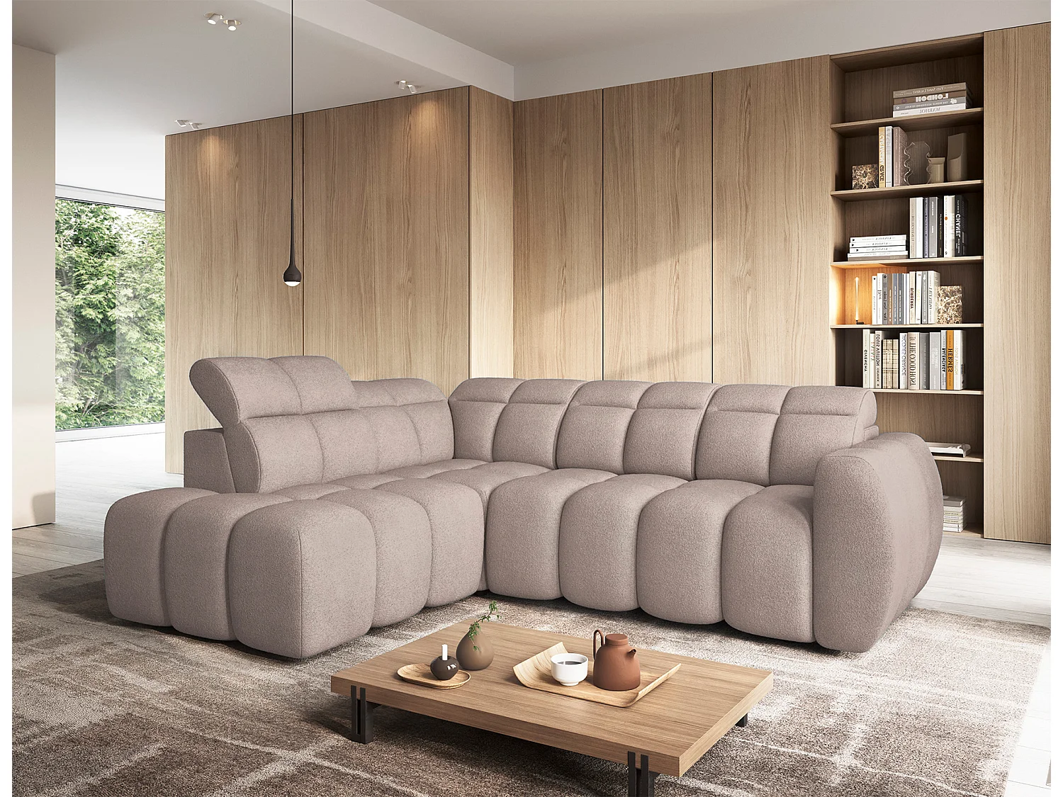 Canapé d’angle convertible 4 places tissu BOBOON 258cm – Coffre de rangement-Marron clair-angle gauche