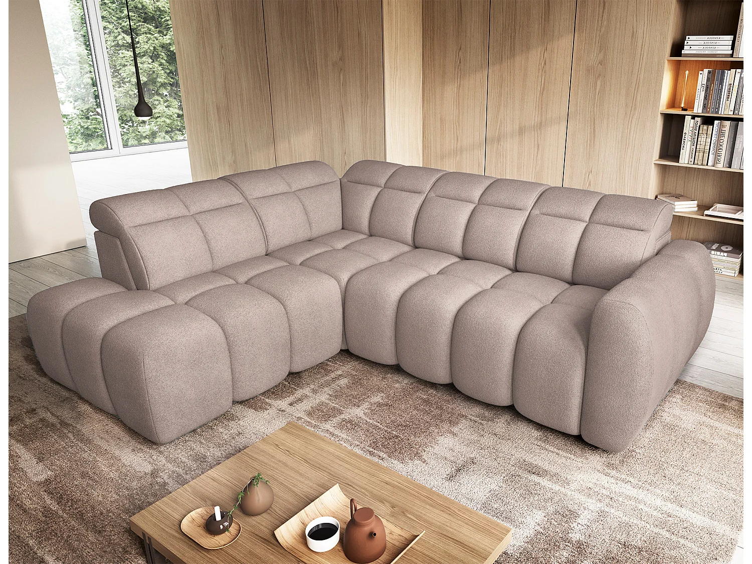 Canapé d’angle convertible 4 places tissu BOBOON 258cm – Coffre de rangement-Marron clair-angle gauche