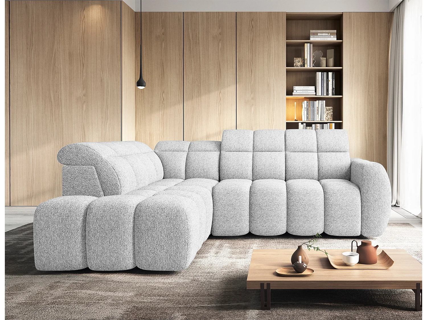 Canapé d’angle convertible 4 places tissu BOBOON 258cm – Coffre de rangement-Gris clair-angle gauche