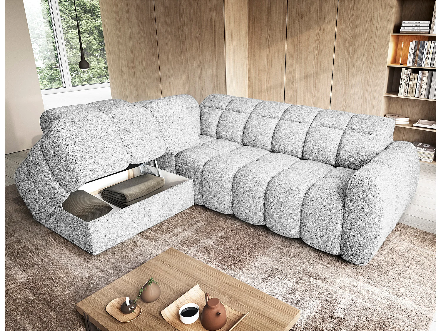 Canapé d’angle convertible 4 places tissu BOBOON 258cm – Coffre de rangement-Gris clair-angle gauche