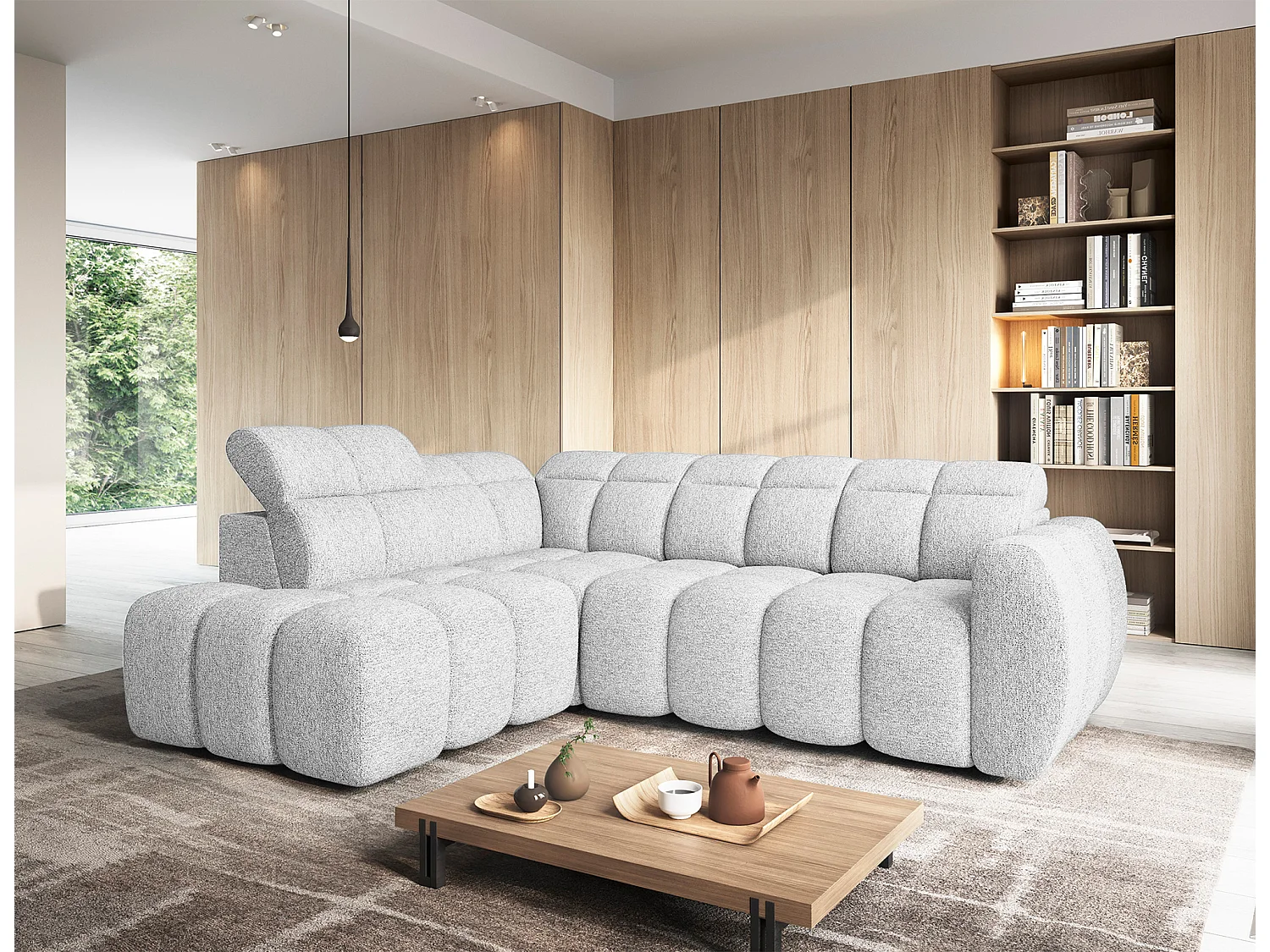 Canapé d’angle convertible 4 places tissu BOBOON 258cm – Coffre de rangement-Gris clair-angle gauche