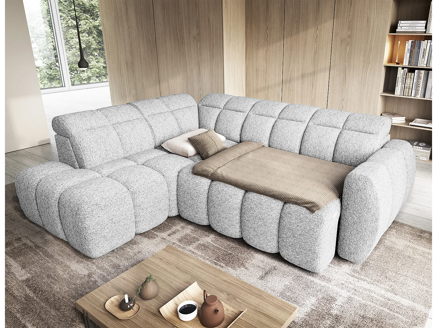 Canapé d’angle convertible 4 places tissu BOBOON 258cm – Coffre de rangement-Gris clair-angle gauche