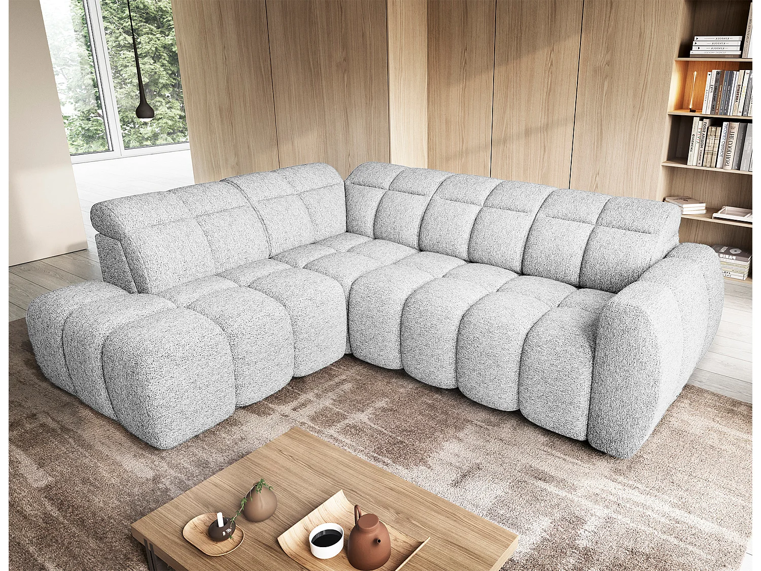 Canapé d’angle convertible 4 places tissu BOBOON 258cm – Coffre de rangement-Gris clair-angle gauche