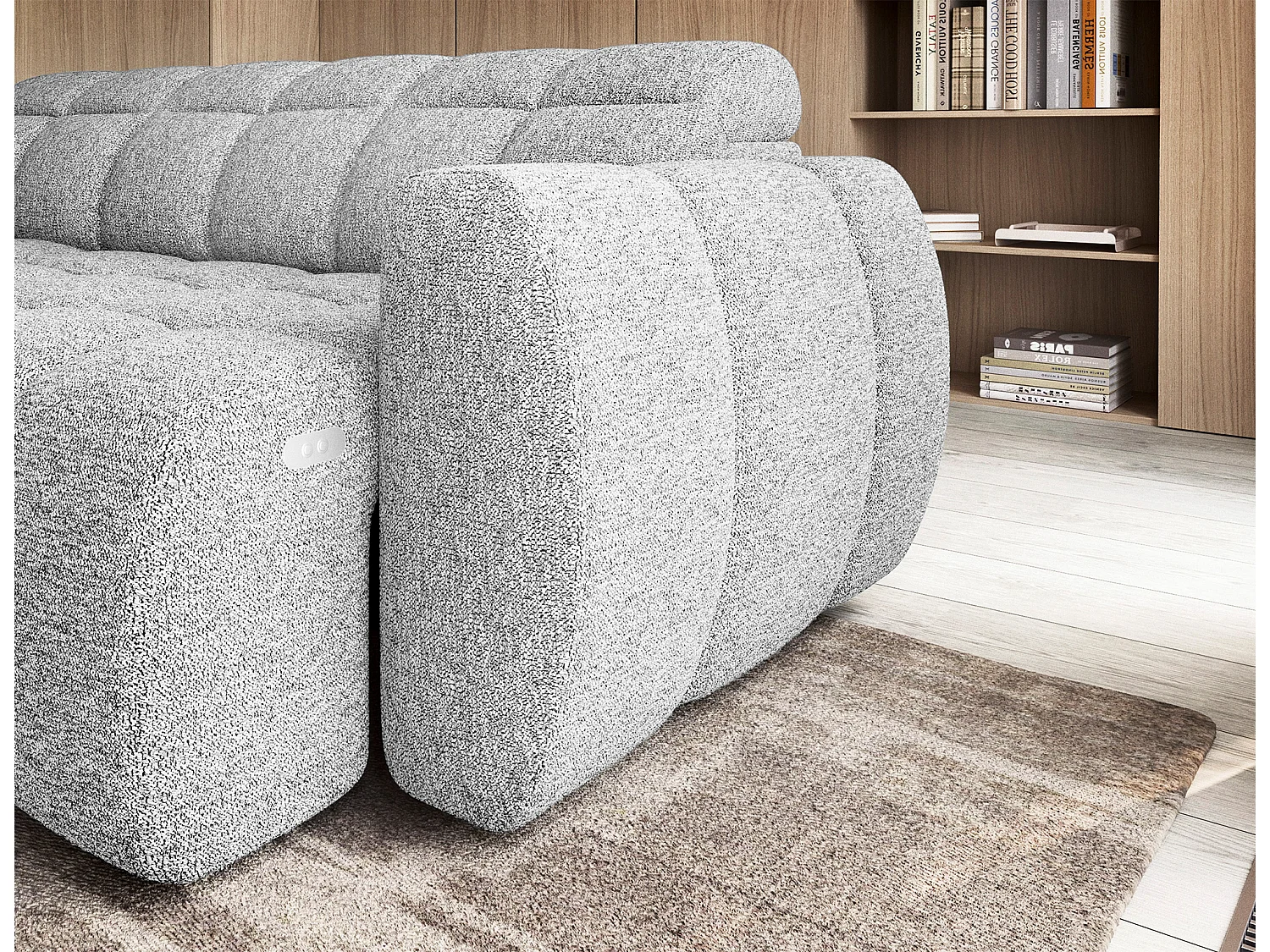 Canapé d’angle convertible 4 places tissu BOBOON 258cm – Coffre de rangement-Gris clair-angle gauche