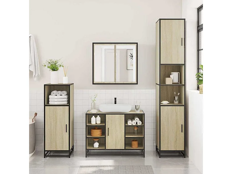 Armoire lavabo de salle de bain chêne sonoma bois d'ingénierie