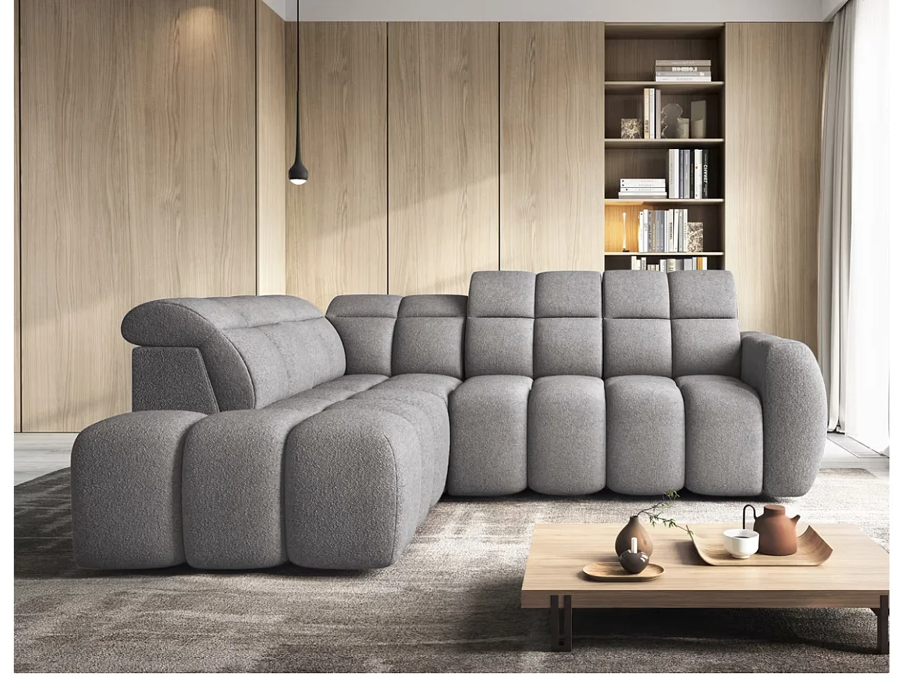 Canapé d’angle convertible 4 places tissu BOBOON 258cm – Coffre de rangement-Gris foncé-angle gauche