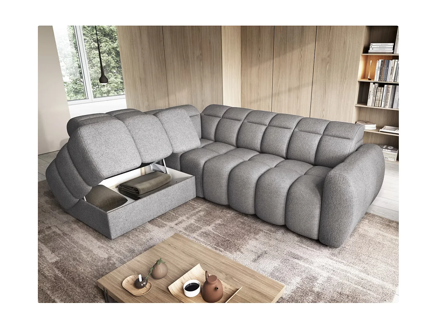Canapé d’angle convertible 4 places tissu BOBOON 258cm – Coffre de rangement-Gris foncé-angle gauche