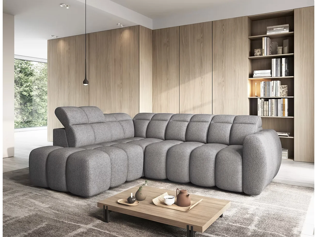 Canapé d’angle convertible 4 places tissu BOBOON 258cm – Coffre de rangement-Gris foncé-angle gauche
